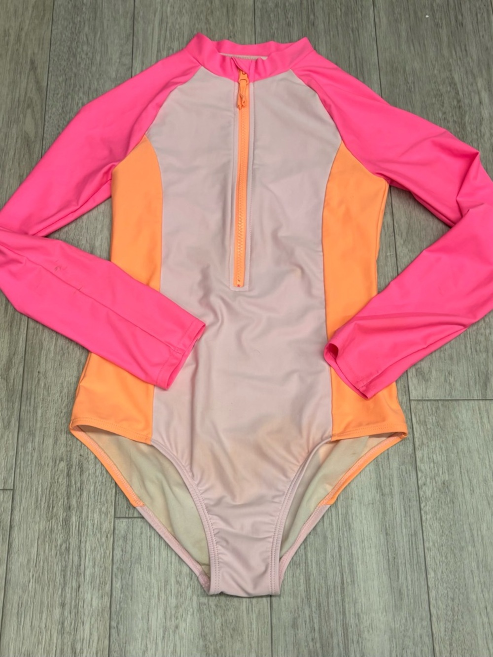 Girls Long Sleeve Colorblock Rash Guard Swimsuit - Pink, Peach, Orange